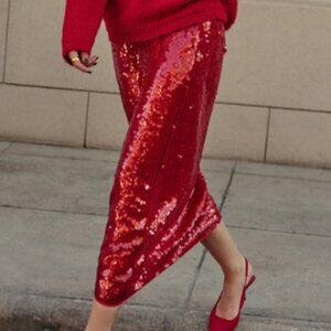 NWT_ COMMENSE Elegant Plain Sequins Skirt